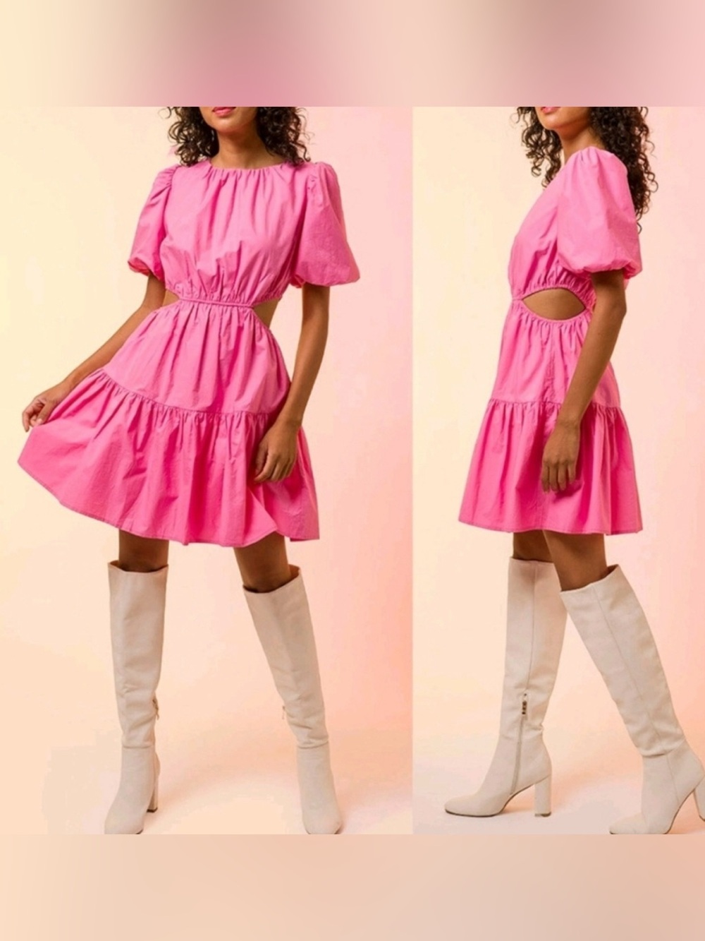 Line & Dot Puffsleeve Babydoll Jenna Dress in Bubblegum Pink Size L